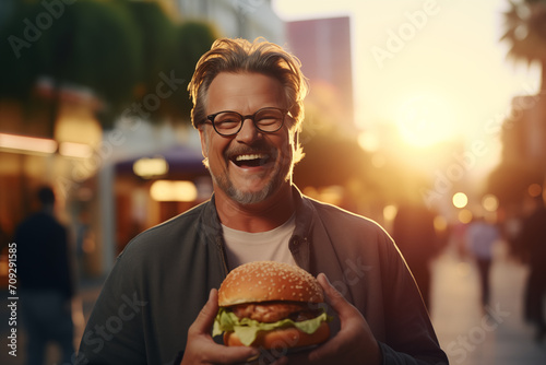 Middle aged man in the middle of the city holding a burger