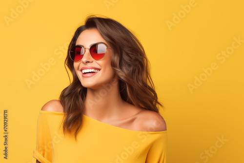 Young pretty brunette girl over isolated colorful background with sunglasses photo