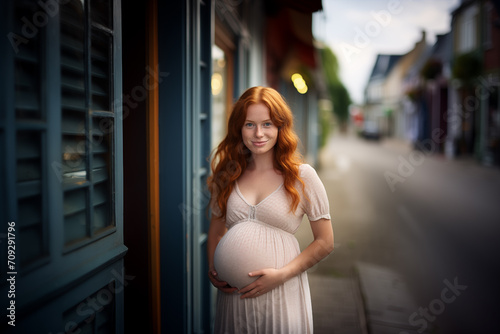 Pregnant pretty redhead woman at outdoors