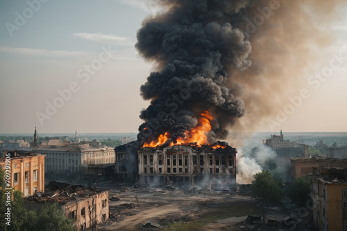 burning fire in the city, war background 