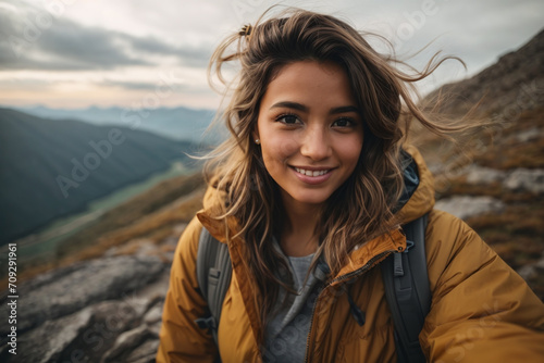 woman selfie in mountains photo