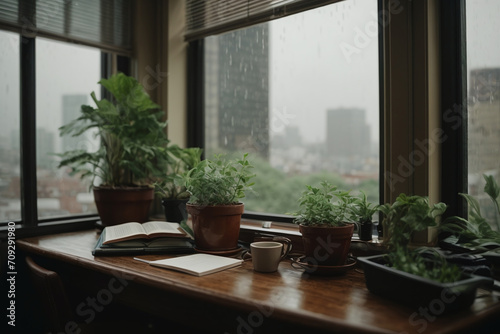 window with flowers and rain