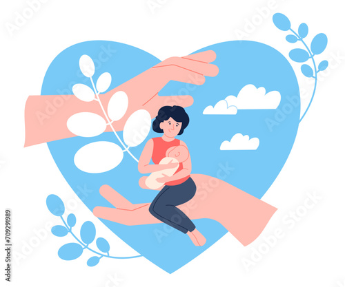 Motherhood support and care concept. Woman with newborn under protection. Carefree happy parenthood, safe mother and child recent vector scene