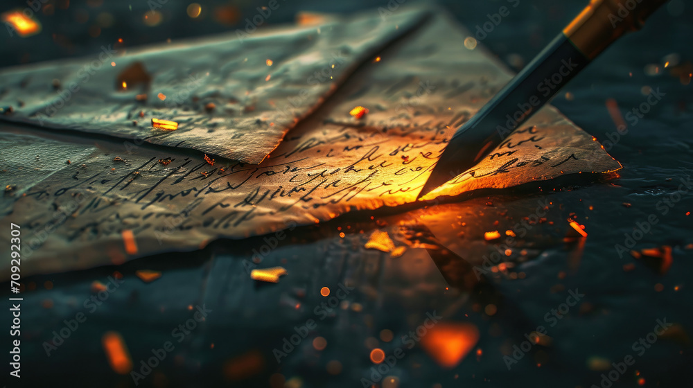 Antique quill pen writing on a vintage letter with sparkling embers. - obrazy, fototapety, plakaty 