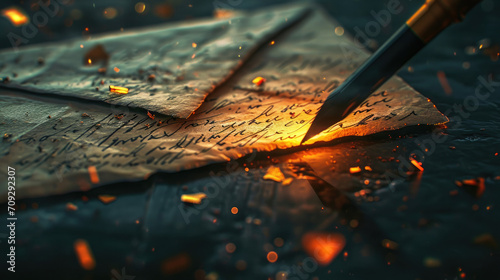 Antique quill pen writing on a vintage letter with sparkling embers.