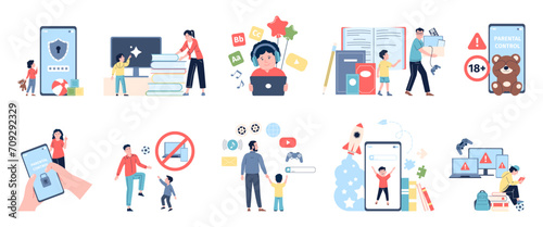 Parent digital control. Gadget free and low tech parenting and education. Kids internet content, limit screen time flat recent vector scenes