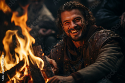 A medieval storyteller weaving tales of adventure and romance around a flickering campfire, his animated expressions enhancing the immersive and captivating medieval narrative. photo