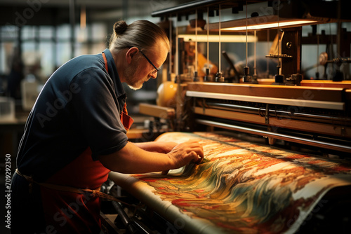 A medieval tapestry weaver creating intricate designs on a large loom, surrounded by vibrant threads, showcasing the artistry and craftsmanship of medieval textile production.