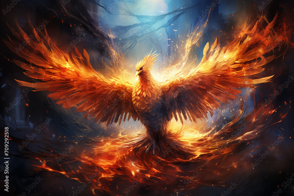A mesmerizing portrayal of the elegant Phoenix rising from fiery ashes, its radiant plumage symbolizing rebirth and immortality in a mythical and symbolic composition. - obrazy, fototapety, plakaty 