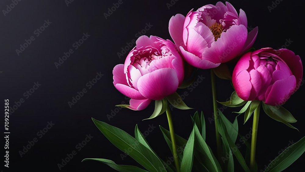Fototapeta premium Buds of pink peonies on a black background.