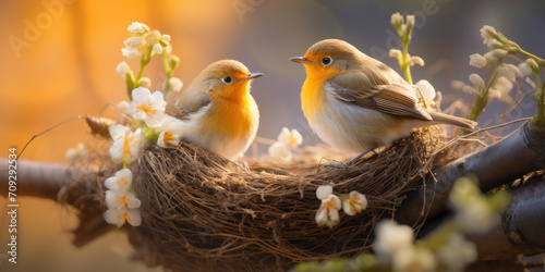 A colorful songbirds perched in nest on a branch in the wild, surrounded by spring flowers and nature.
