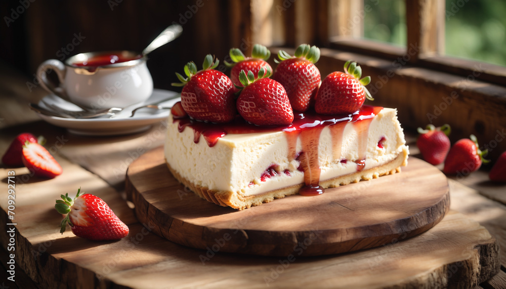 A luscious strawberry cheesecake sits on a rustic wooden table, bathed in soft natural light A luscious strawberry cheesecake sits on a rustic wooden table, bathed in soft natural light