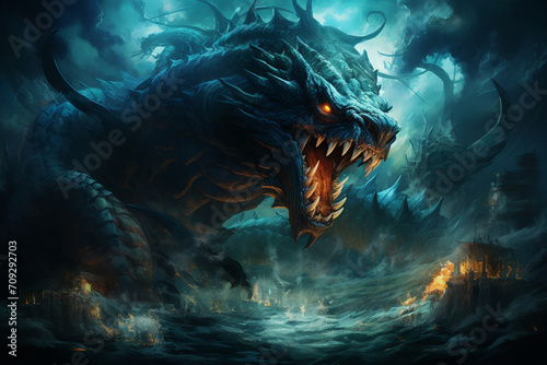 The powerful and regal Leviathan, a sea serpent of biblical proportions, depicted in a captivating underwater scene filled with swirling currents and ancient underwater ruins. photo