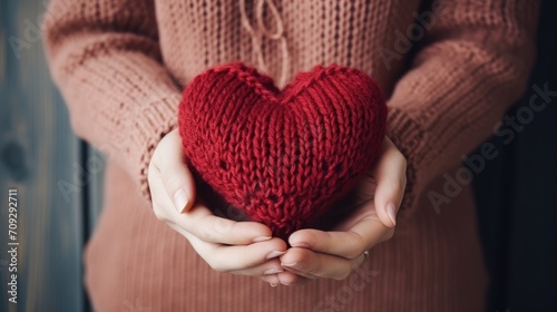 Close-up of a woman in a warm sweater holding a knitted burgundy heart in her hands. Valentine s Day greeting card. A symbol of love.