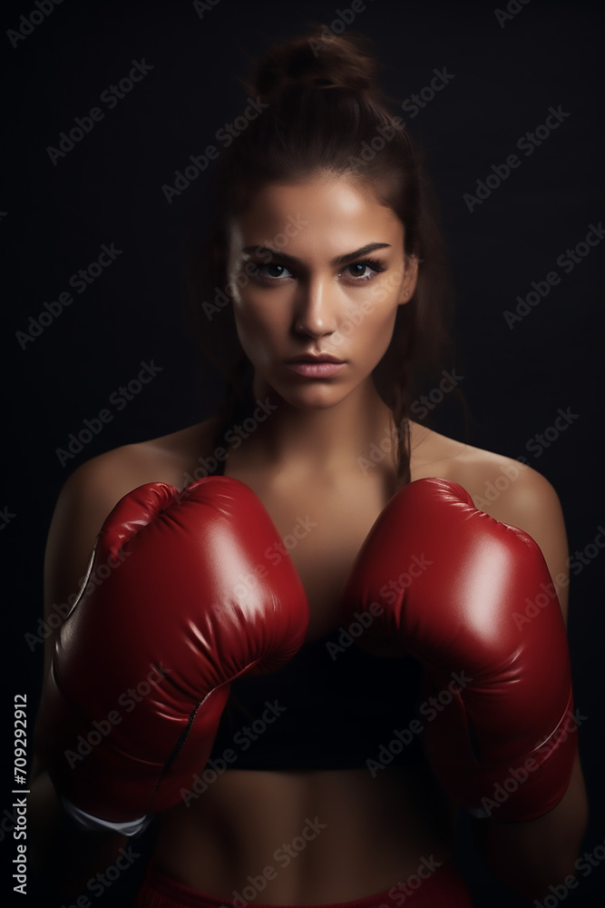 Portrait of a gorgeous woman with boxing gloves. Self defence and sports concpet. High quality photo