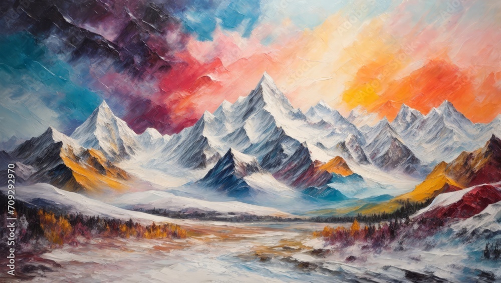 Snow-capped mountains, with oil brush stroke and pallet knife paint on canvas