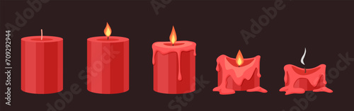Burning cartoon candle. Wax candles burn step by step. Different stages of combustion, vintage lights element for holidays or cozy, nowaday vector set
