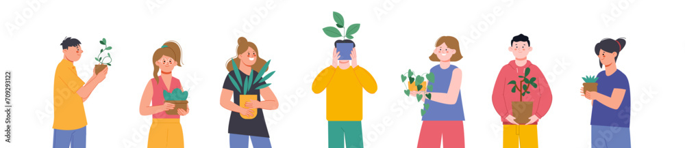 People with plant pots. Young adults and teenagers holding green home plants. Biology students or gardeners, greenery hobby splendid vector characters People with plant pots. Young adults and teenagers holding green home plants. Biology students or gardeners, greenery hobby splendid vector characters