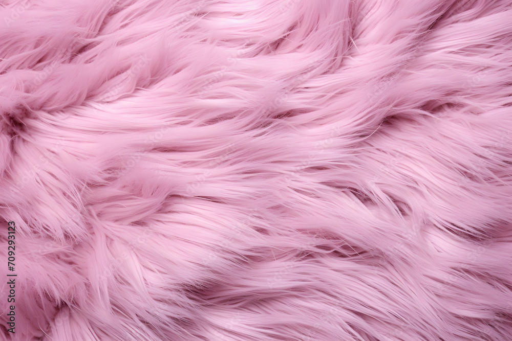 Fototapeta premium Pink fur texture top view. Pink sheepskin background. Fur pattern. Texture of pink shaggy fur. Wool texture. Sheep fur close up