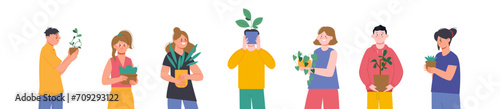 People with plant pots. Young adults and teenagers holding green home plants. Biology students or gardeners, greenery hobby splendid vector characters