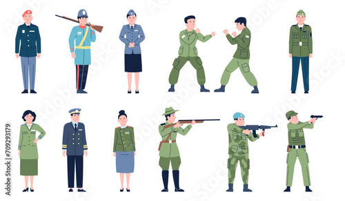 Flat military characters. Male female wear uniform. Professionals army people, soldiers, officer and commander. War character recent vector set