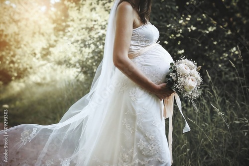 A pregnant bride in a flowing gown holding a bouquet in a sunlit forest.