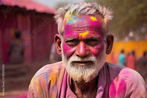 Portrait of a happy elderly Indian man at the Holi Flower Festival in India. An elderly Indian man covered in bright powder at the Holi Flower festival.