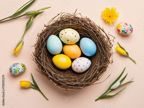 Easter concept, top view Easter background with Easter eggs in a nest and some flowers on beige background, copy space, Generative ai