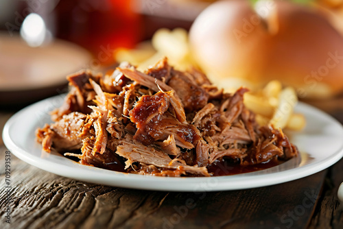 Delicious pulled pork on a plate, tasty food
