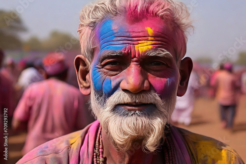 Portrait of a happy elderly Indian man at the Holi Flower Festival in India. An elderly Indian man covered in bright powder at the Holi Flower festival.