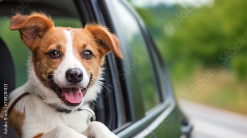 Cute happy dog looking out of car window