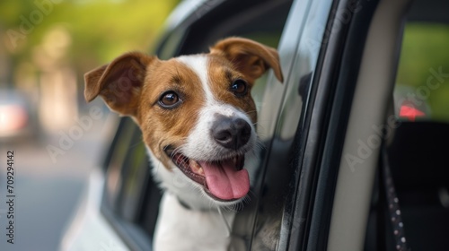 Cute happy dog looking out of car window © Artem