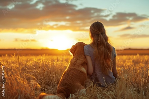 Beautiful young woman relaxed and carefree enjoying a summer sunset with her lovely dog