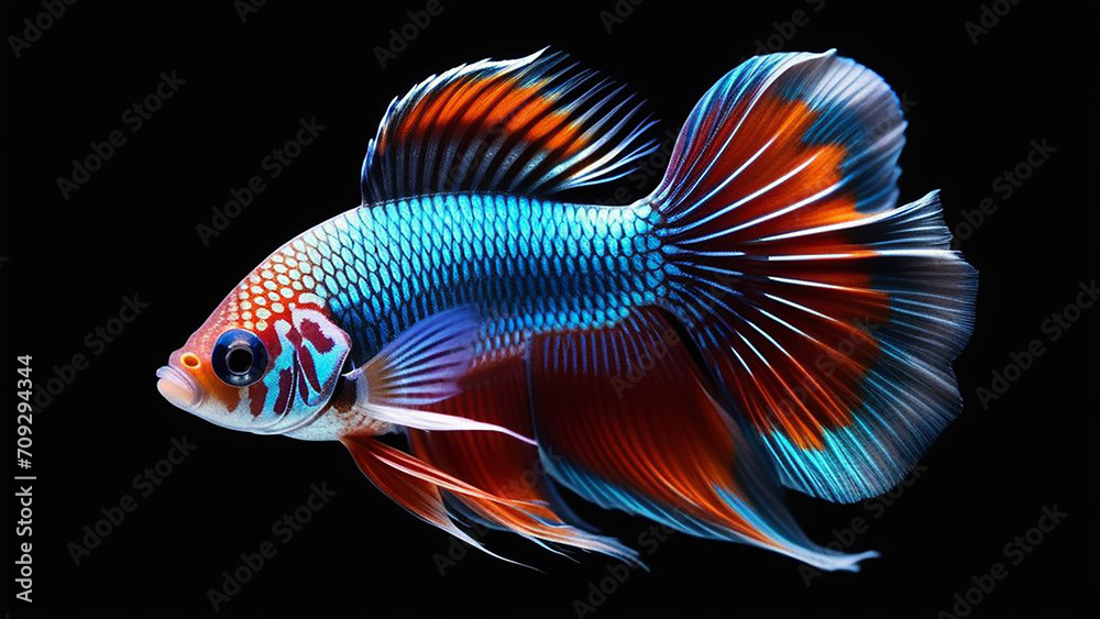 Siamese fish with a bright tail on a black background. Siamese fish with a bright tail on a black background.