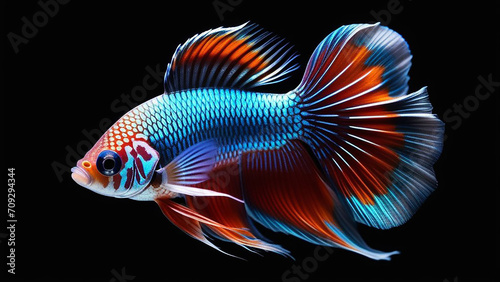 Siamese fish with a bright tail on a black background.