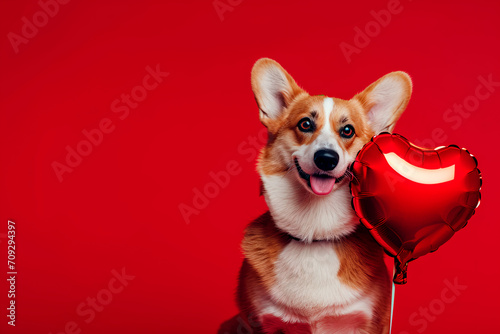A cute corgi dog with a red heart-shaped foil balloon, set against a red background, perfect for Valentine's Day. © Uliana