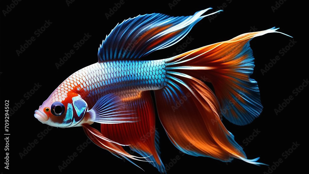 Siamese fish with a bright tail on a black background. Siamese fish with a bright tail on a black background.