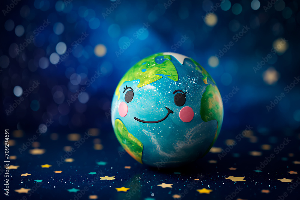 Adorable Earth kawaii character in a 3D style on a dark blue starry background.