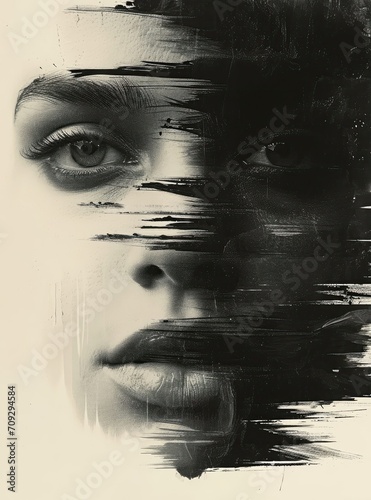 Striking black and white close-up portrait of womans face