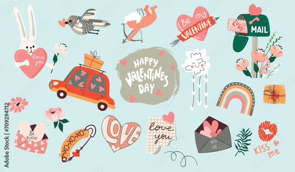 Valentine's Day cartoon collection with cute romantic elements.Bird,rainbow,Cupid, arrow,envelope with heart,mailbox,cloud,car,bunny,lips,flower,gift and hand lettering.Vector isolated illustration.
