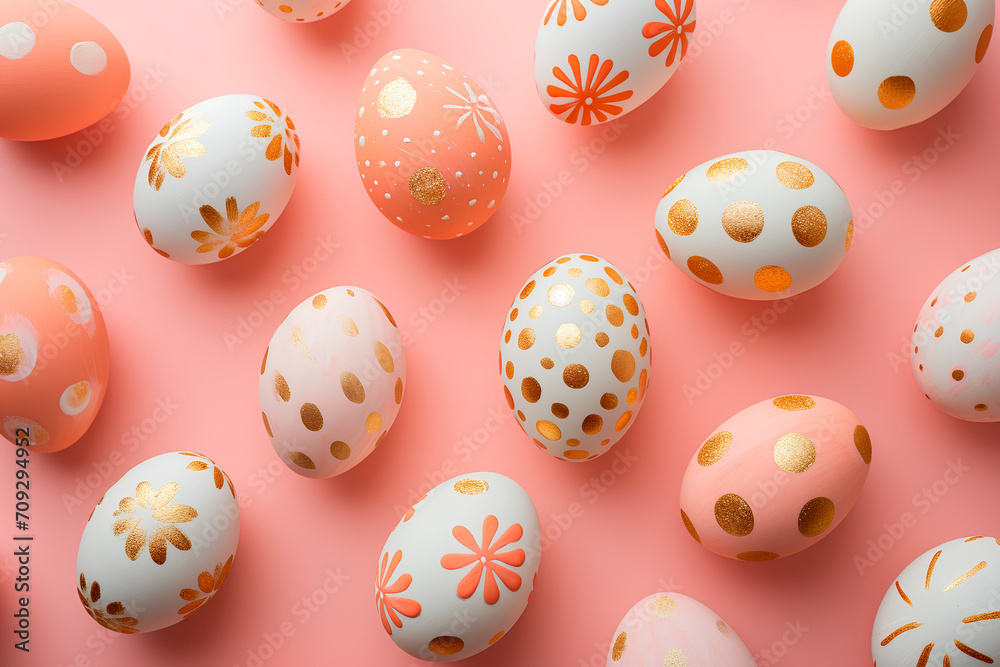 Flat lay of hand-painted Easter eggs in pastel peach and gold colors, elegantly displayed on a matching pastel peach background.