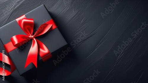 Black gift with a red ribbon on a raised texture background. © OLGA RA