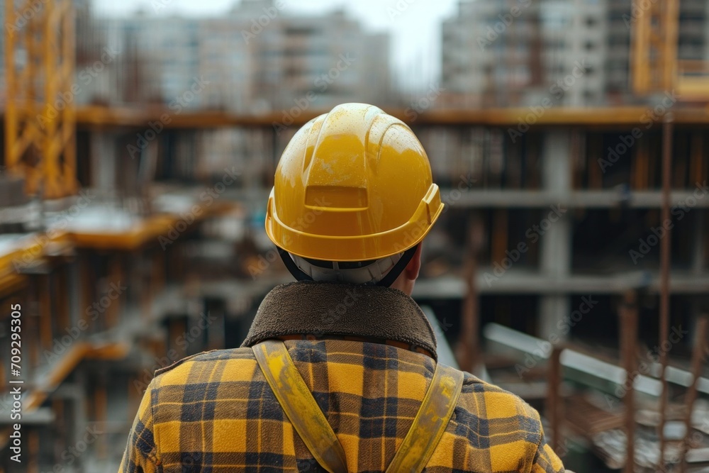Back view of a construction worker wearing a yellow helmet on a construction site Back view of a construction worker wearing a yellow helmet on a construction site