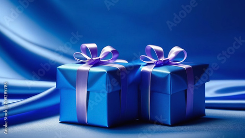 Blue gift on satin textile background.