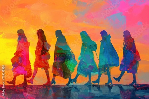 six women are walking in between, in the style of digital art techniques, mashup of styles, multicultural fusion, photorealistic paintings,  photo