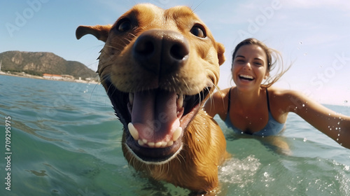 Happy Dog and Smiling Playful Young Woman taking selfie on the sea