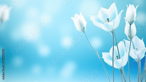 Spring snowdrops on blue background. First spring blooming Delicate Snowdrop flowers. Illustration for postcard, template, card. Copy Space. International happy womens day, 8 March, Mothers concept..