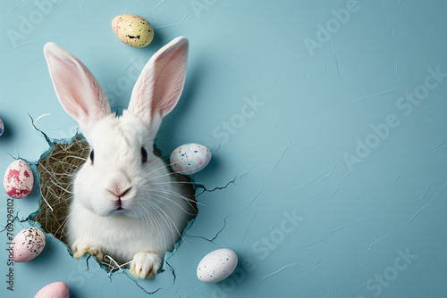 Adorable white bunny looking through the hole in the blue baclkroung. Easter add. copy space. High quality photo photo