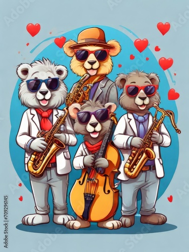 Sticker CARTOON style illustration of a group of zoo animal playing musical instruments
