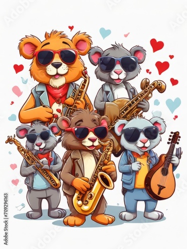 Sticker CARTOON style illustration of a group of zoo animal playing musical instruments